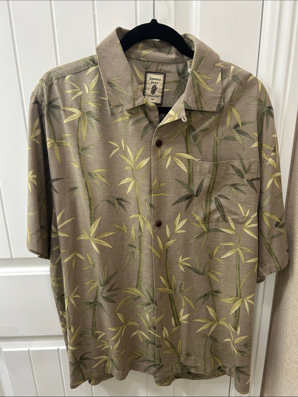 Jamaica Jaxx Taupe Button-Up Shirt with Olive Bamboo Print